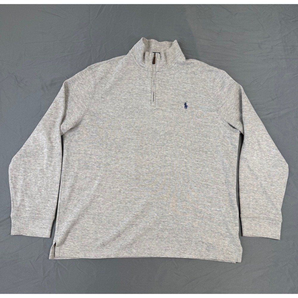 Polo Ralph Lauren Mens L Estate Rib Quarter Zip Pullover Heather Grey Blue Pony